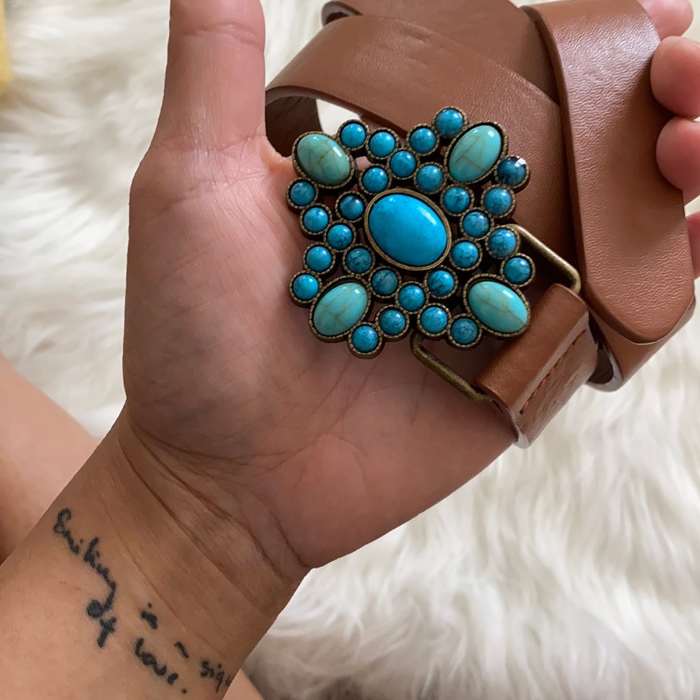 Brown belt with turquoise buckle